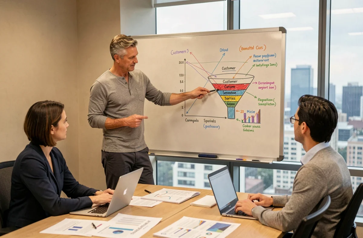 Réunion d'équipe marketing autour d'un tableau blanc avec des graphiques de segmentation client et d'entonnoir de conversion