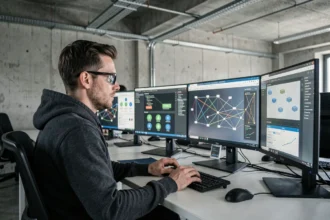 Ingénieur informatique analysant un tableau de bord de réseau Edge computing sur plusieurs écrans dans un bureau moderne