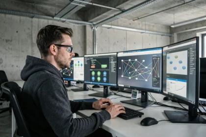Ingénieur informatique analysant un tableau de bord de réseau Edge computing sur plusieurs écrans dans un bureau moderne