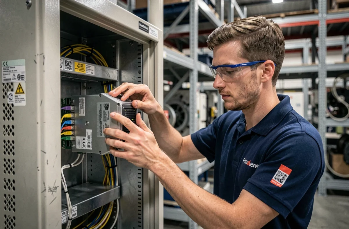 Technicien informatique installant un serveur Edge computing dans une armoire de télécommunication industrielle en usine