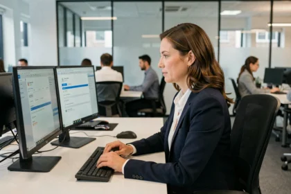 Femme professionnelle sécurisant son poste de travail informatique dans un bureau moderne