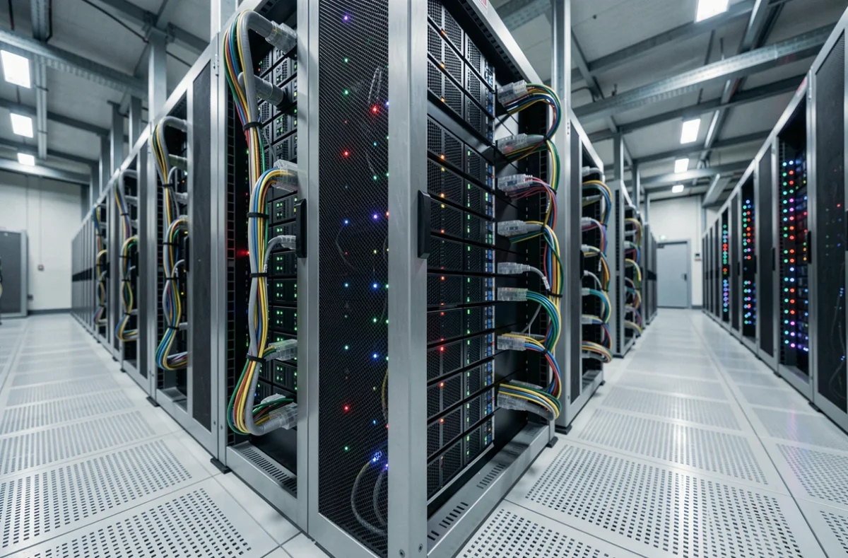 Rangée de serveurs dans un centre de données professionnel illustrant l'automatisation et la puissance de traitement informatique