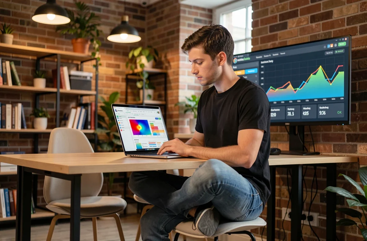 Jeune spécialiste marketing analysant des données de performance et des heatmaps sur ordinateur portable dans un loft moderne