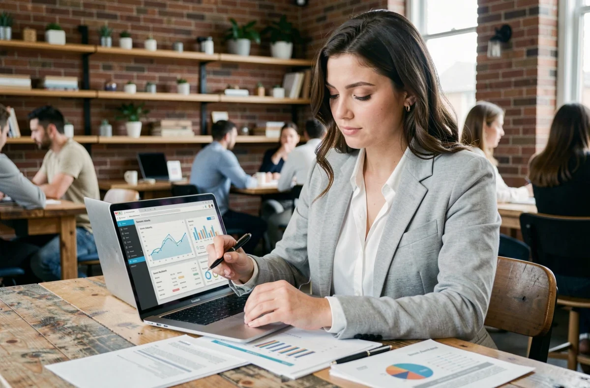 Spécialiste SEO féminine examinant des rapports d'audit de backlinks et des métriques d'autorité de domaine dans un espace de coworking