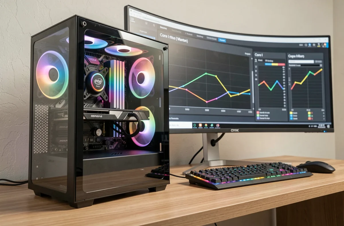 Station de travail PC haute performance avec processeur Intel Core i visible et écran affichant des benchmarks CPU