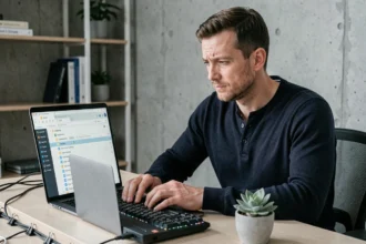 Professionnel IT consultant les dossiers de stockage de mots de passe sur un ordinateur portable dans un bureau moderne