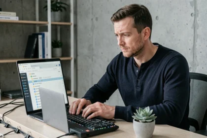 Professionnel IT consultant les dossiers de stockage de mots de passe sur un ordinateur portable dans un bureau moderne