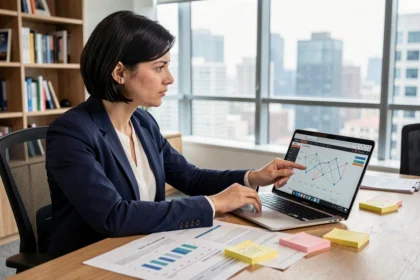 Femme professionnelle analysant une stratégie de création de backlinks sur un ordinateur portable dans un bureau moderne
