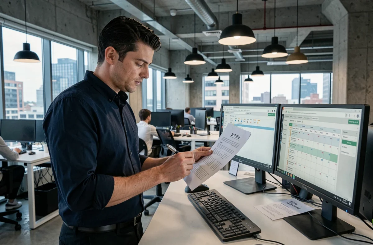 Homme analysant une stratégie de contenu SEO avec des documents imprimés dans un espace de coworking moderne