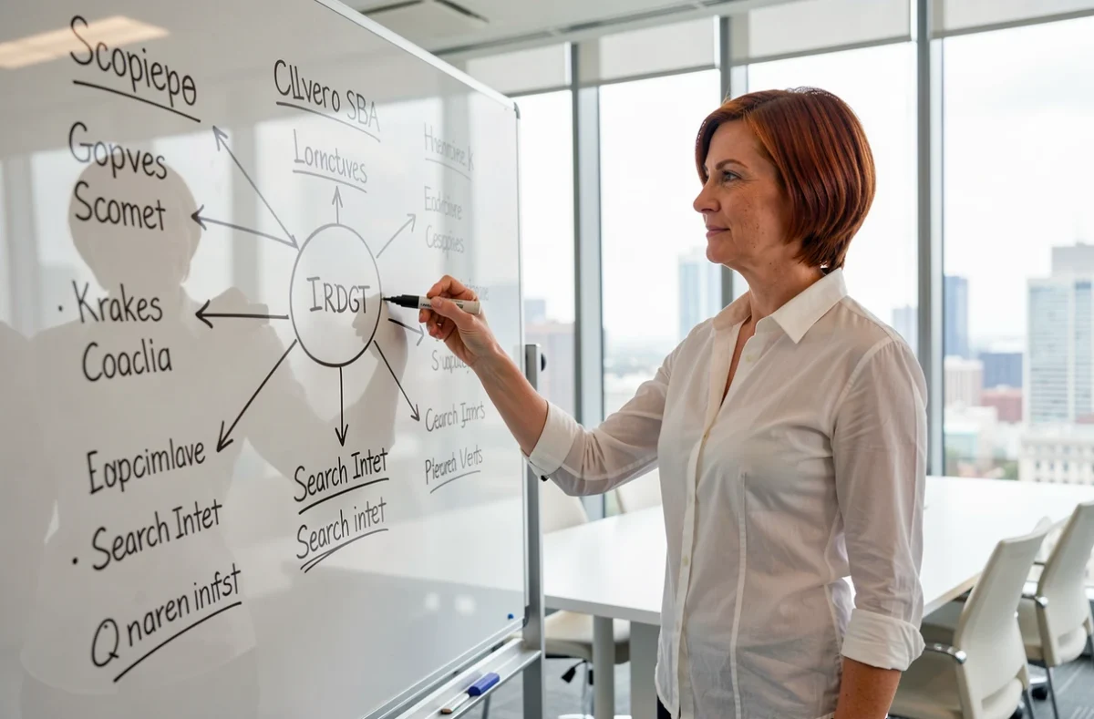 Professionnelle présentant une carte mentale de mots clefs sur un tableau blanc en salle de réunion
