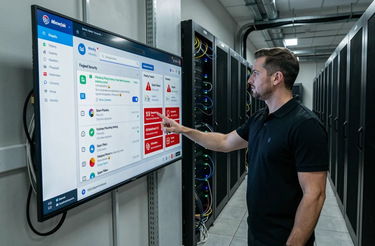 Technicien informatique analysant un tableau de bord de sécurité anti-phishing dans une salle de serveurs
