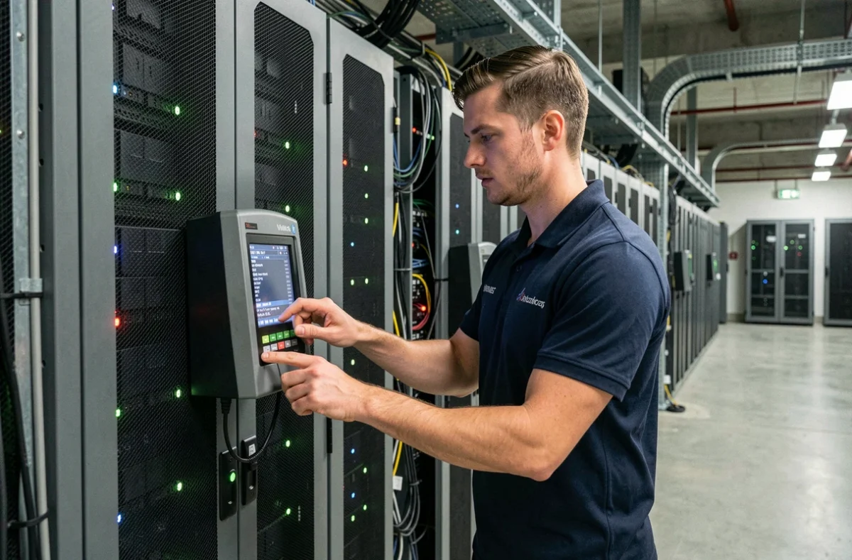 Technicien informatique sécurisant un serveur dans une salle des données professionnelle