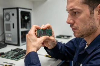 Technicien tenant un SSD M.2 NVMe moderne entre les doigts sur un établi électronique