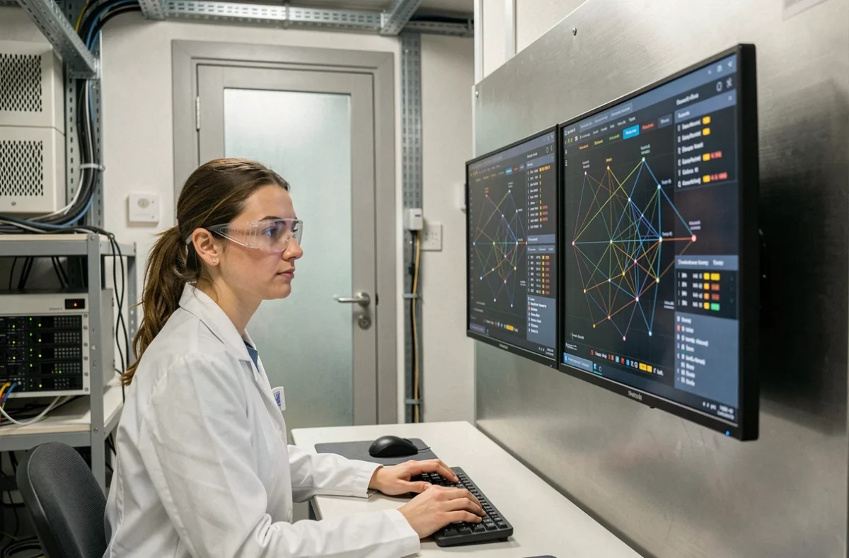 Technicienne analysant des données réseau sur un poste de travail dans un hub de télécommunications edge computing