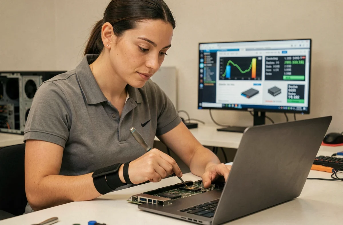 Technicienne installant un SSD M.2 dans un ordinateur portable sur un bureau de réparation informatique professionnel