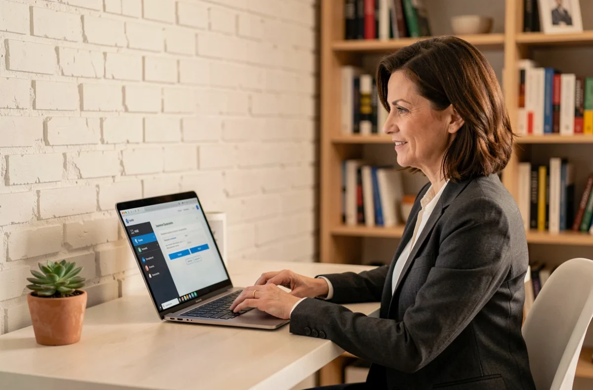 Femme professionnelle en télétravail gérant l'accès réseau Zero Trust depuis un bureau à domicile moderne