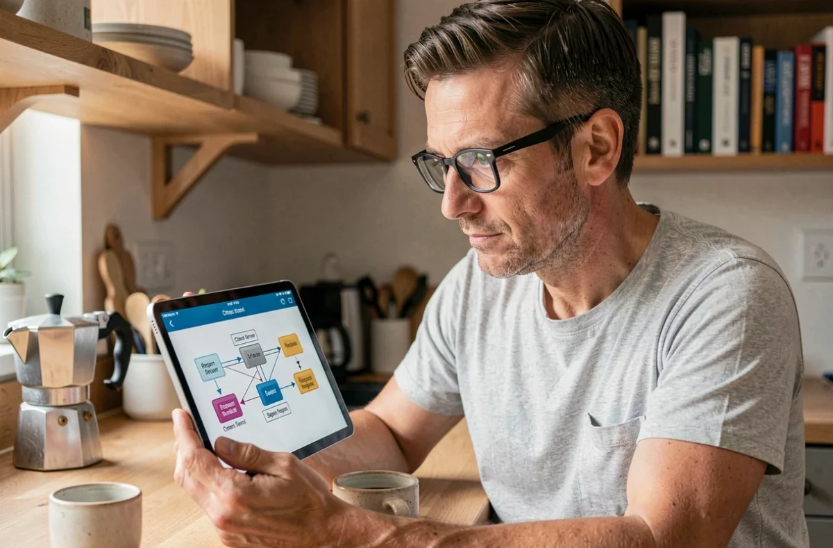 Homme en télétravail étudiant un schéma de communication client-serveur via une API sur tablette