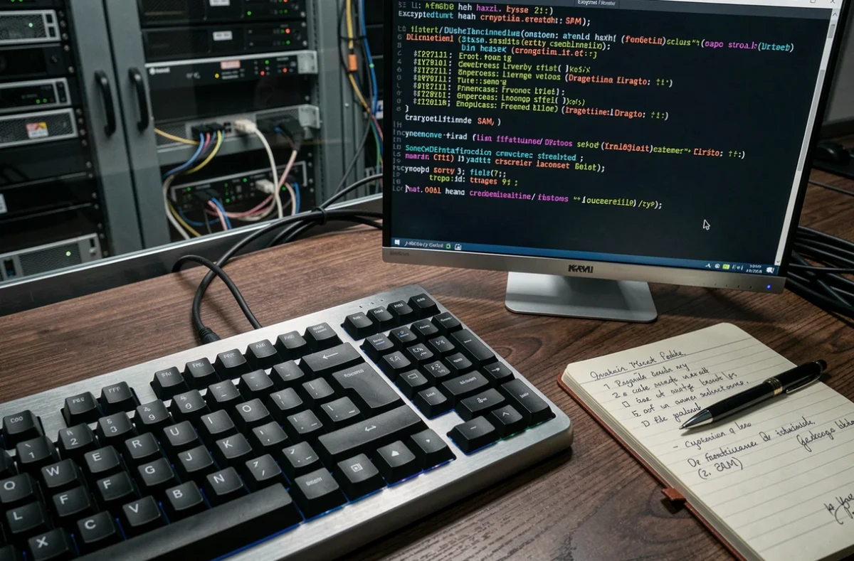 Gros plan sur un terminal affichant des chemins de fichiers de stockage de mots de passe chiffrés sur PC