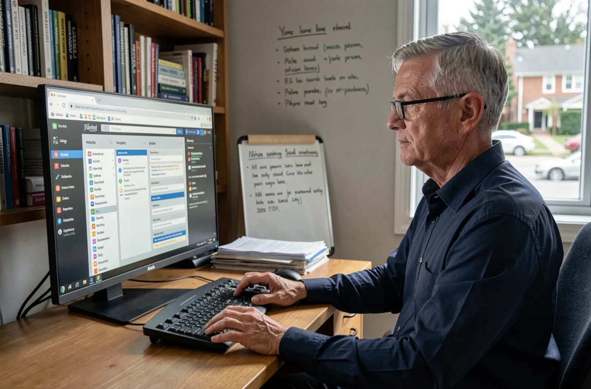 Un homme utilisant un lecteur d'écran pour tester l'accessibilité d'un site web dans un bureau à domicile