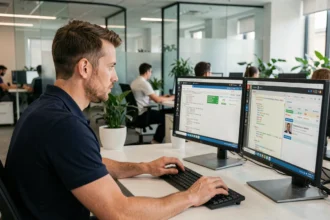 Testeur de logiciels masculin travaillant sur des écrans de code et de suivi de bugs dans un bureau tech moderne