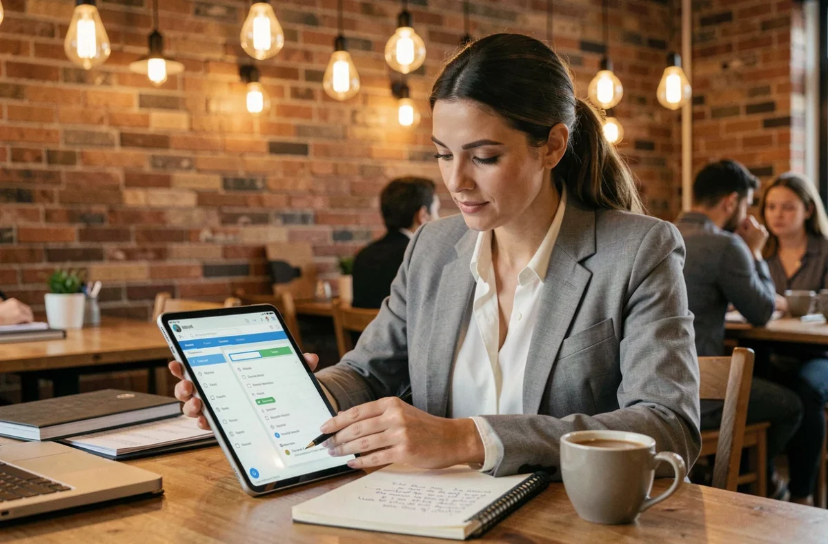 Testeuse QA travaillant sur une tablette avec des notes dans un espace de coworking style café