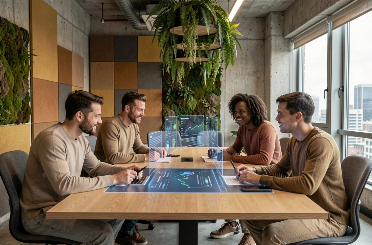 Équipe multiculturelle collaborant dans un espace de travail hybride futuriste en 2026