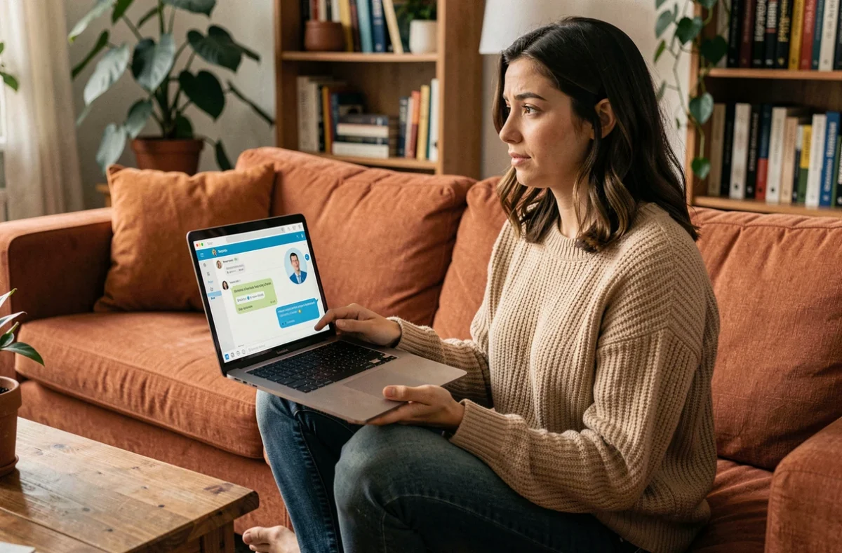 Jeune femme utilisant un assistant IA de service client depuis chez elle sur son ordinateur portable