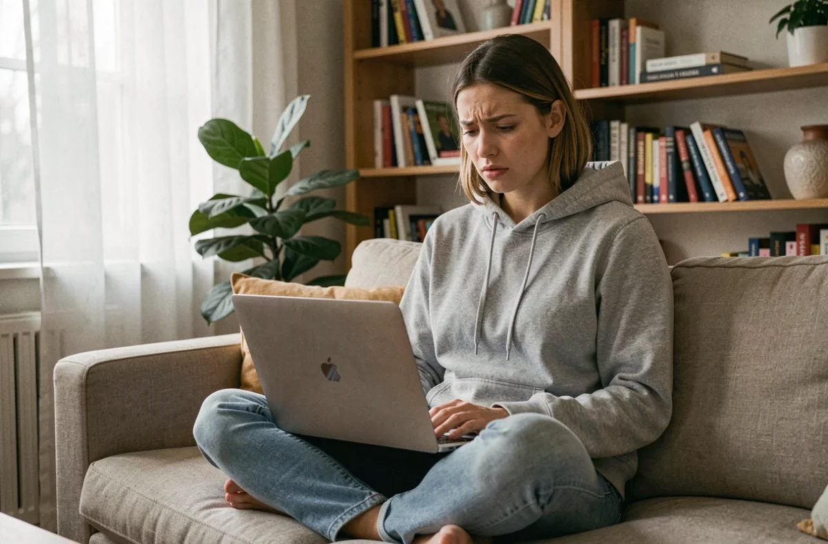 Jeune femme découvrant la suspension de son compte sur un forum en ligne depuis son canapé