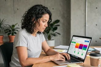 Une femme analysant un outil de vérification d'accessibilité web sur son ordinateur portable dans un bureau moderne