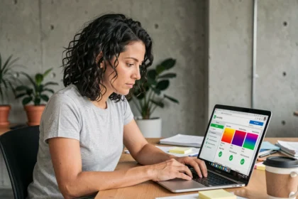 Une femme analysant un outil de vérification d'accessibilité web sur son ordinateur portable dans un bureau moderne