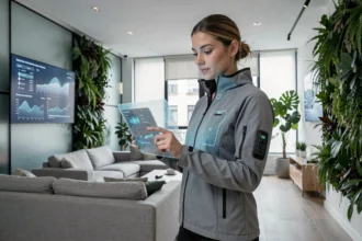 Femme utilisant une interface technologique futuriste dans un appartement connecté en 2026
