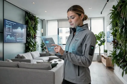 Femme utilisant une interface technologique futuriste dans un appartement connecté en 2026