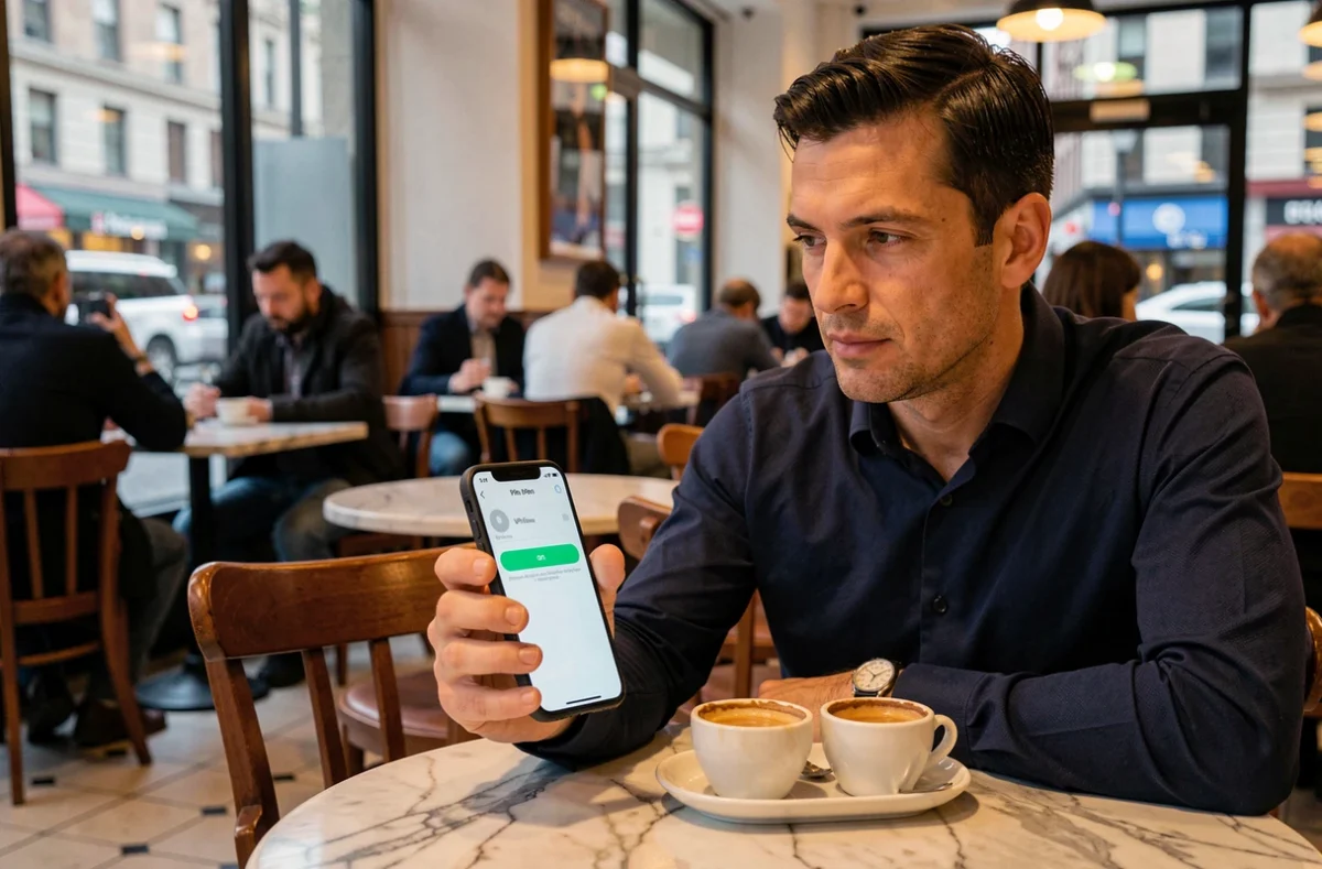 Homme consultant son application VPN activée sur smartphone dans un café public