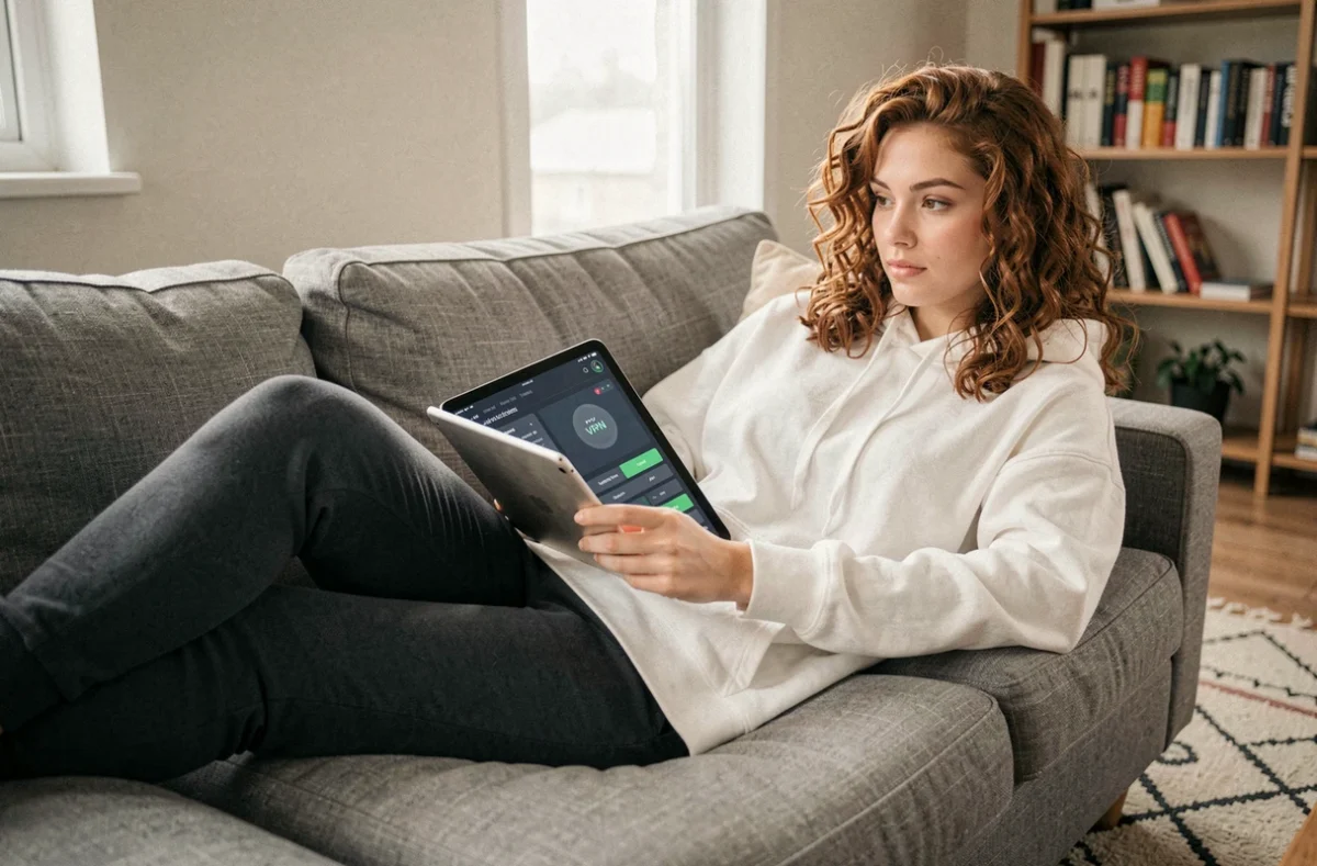 Jeune femme avec une tablette affichant un VPN constamment activé, installée dans un salon moderne