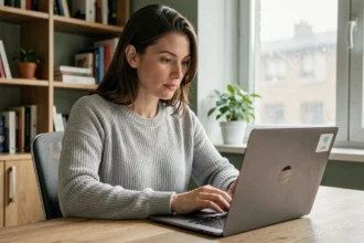 Femme utilisant un VPN activé en permanence sur son ordinateur portable dans un bureau à domicile