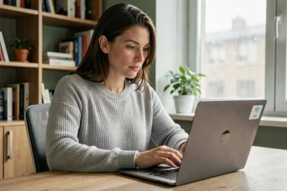 Femme utilisant un VPN activé en permanence sur son ordinateur portable dans un bureau à domicile
