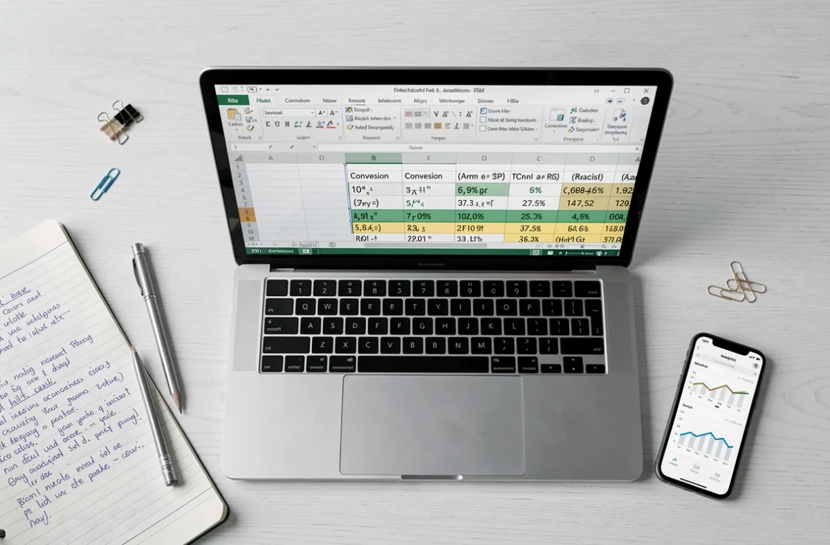Vue aérienne d'un écran Excel avec des formules de calcul de taux de conversion