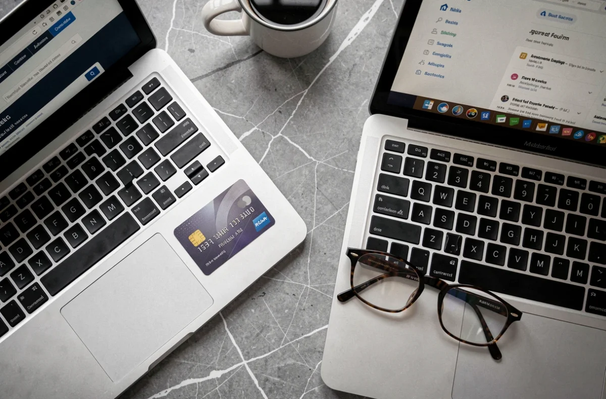 Vue de dessus d'une carte bancaire et d'un ordinateur portable sur un plan de travail en marbre pour gérer la protection internet