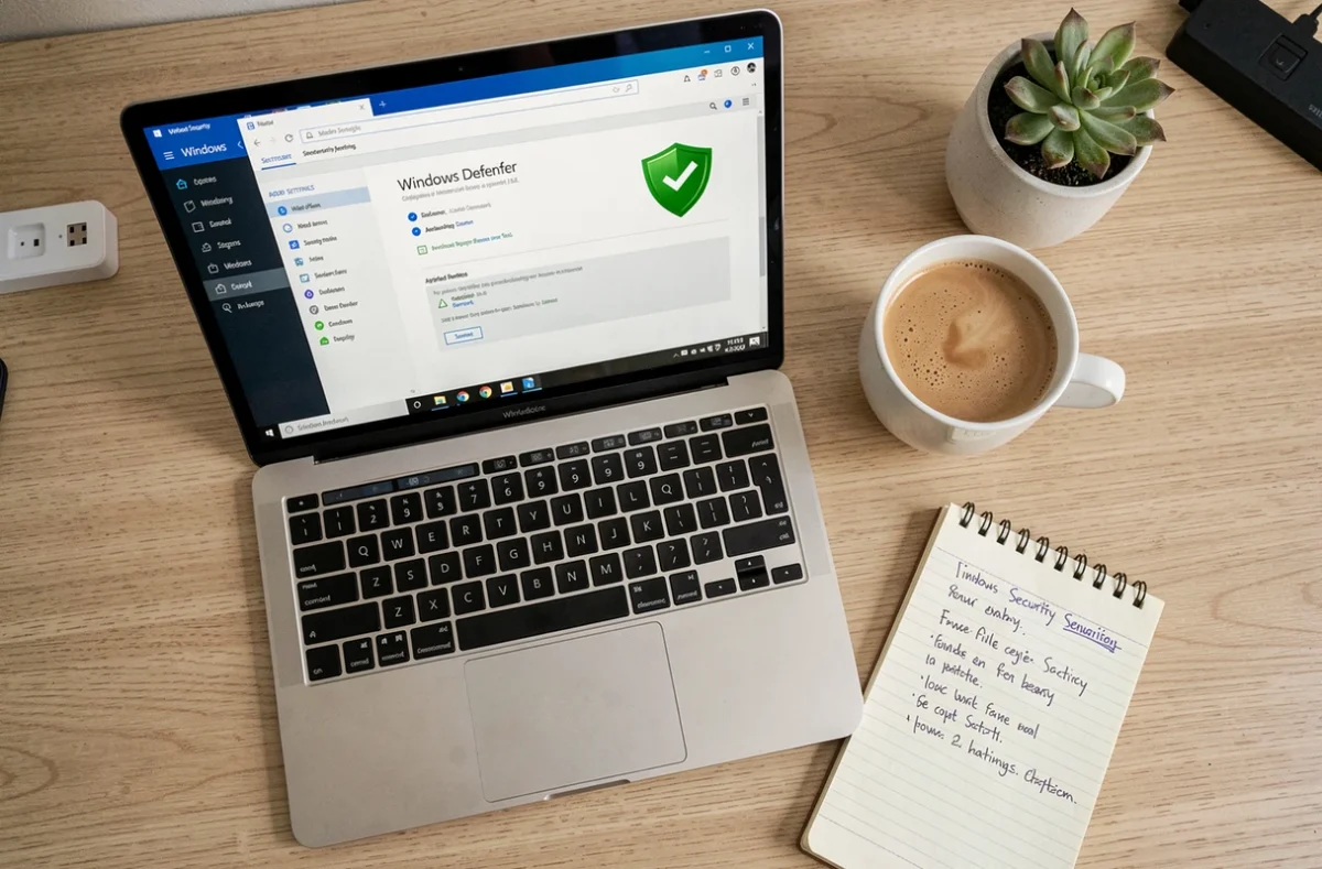 Vue de dessus d'un écran Windows Defender activé sur un bureau minimaliste avec carnet et café