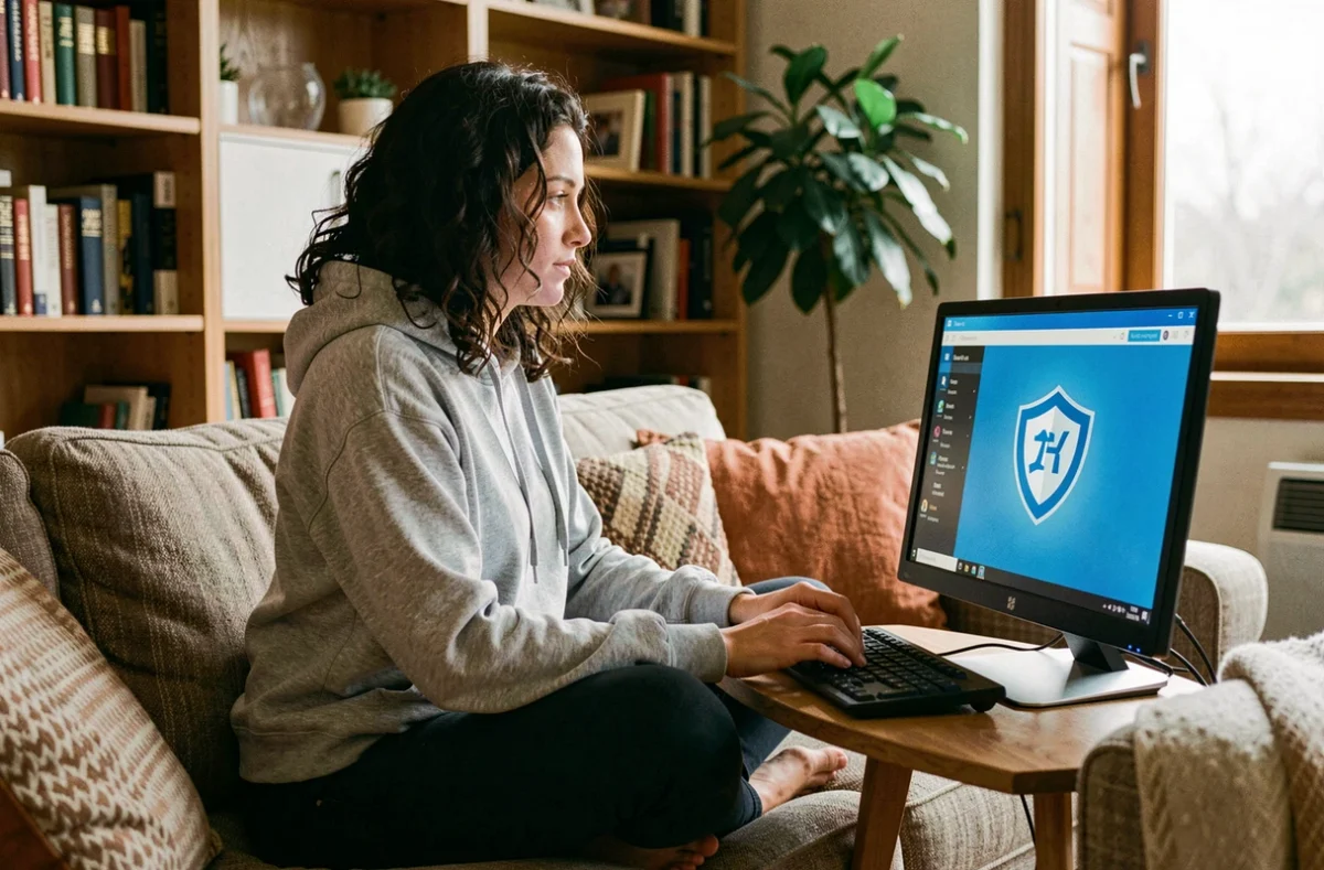 Une femme vérifie les paramètres de Windows Defender depuis son salon à domicile